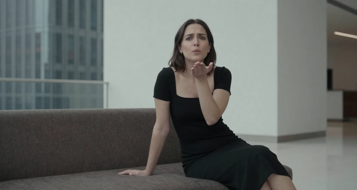 A confused Female Once a dog trainer, now a pet-friendly lifestyle content creator in their 28, recovering from a failed startup, wearing a fitted black dress with a square neckline, blowing a kiss in a modern skyscraper lobby.