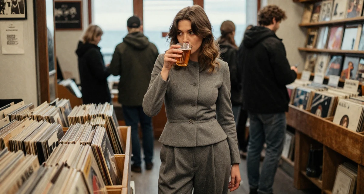 A thoughtful Female From Tampere Finland, learned intimate storytelling through slow-mode videography in their 23, realizing “less is more” in seductive storytelling, wearing a fitted waist coat and wide leg trousers, sipping a warm drink in a vintage record store.