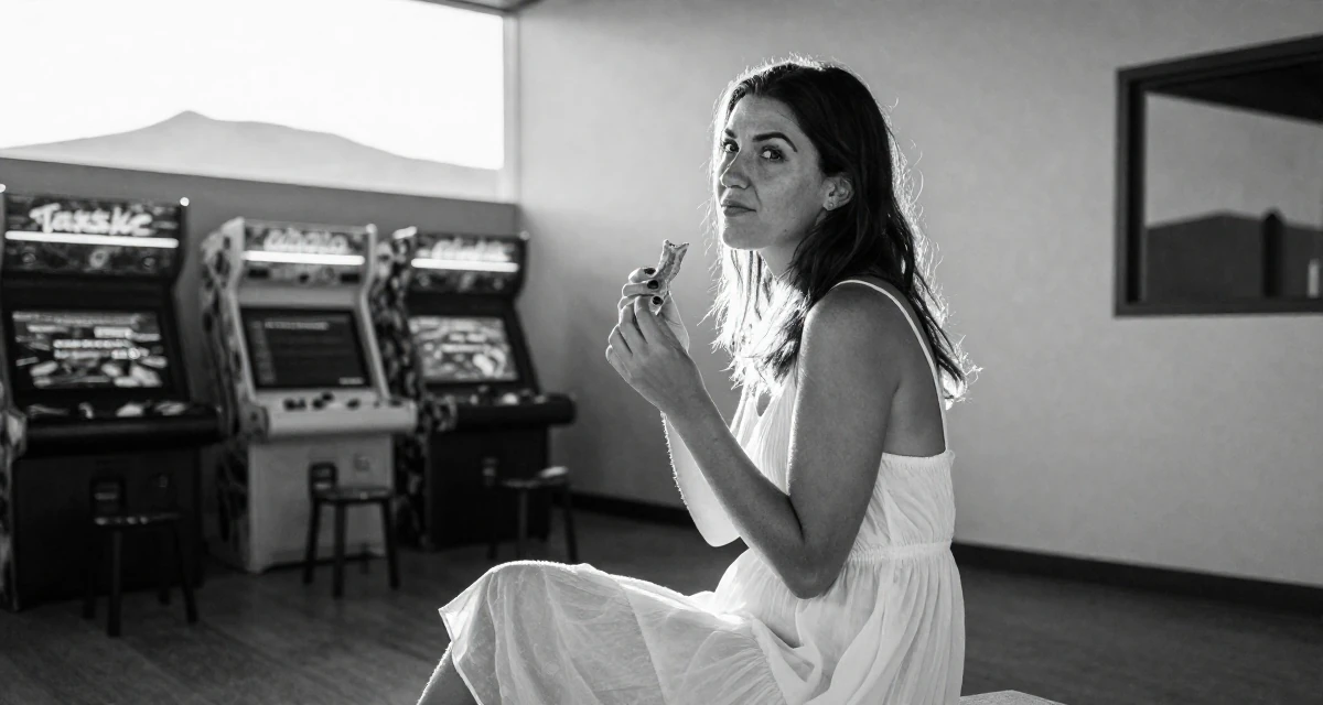 A cheeky Female Former volunteer teacher, now crafting empowering creator narratives in their 24, planning seasonal or holiday-themed drops, wearing a semi-sheer white sundress backlit by the sun, holding a snack in a arcade room with neon lights.