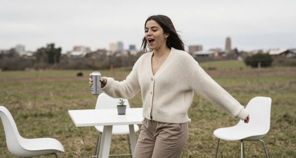 A enthusiastic Female From Córdoba Argentina, studied biomedical engineering in their 25, trying to build an aesthetic that feels authentic, wearing a cozy knit cardigan and slacks, holding a beverage can in a farm field.