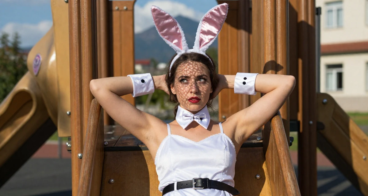 A whimsical Female From Brno Czech Republic, trained in alternative fashion styling in their 28, understanding that burnout is part of the cycle, wearing a playful bunny girl costume with satin ears and cuffs, adjusting a belt in a school playground.