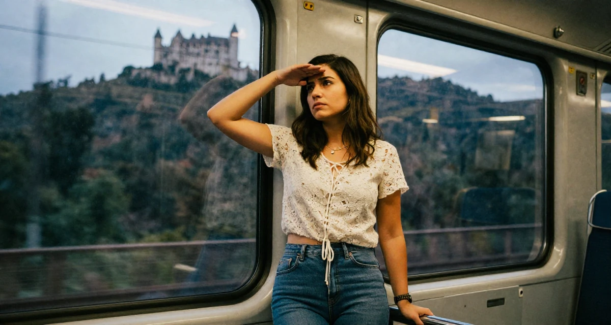 A resolute Female From Chile, majored in international business at a private university in their 22, worrying about disappointing early supporters, wearing a lace-up front top and skinny jeans, shading eyes with a hand in a train carriage.