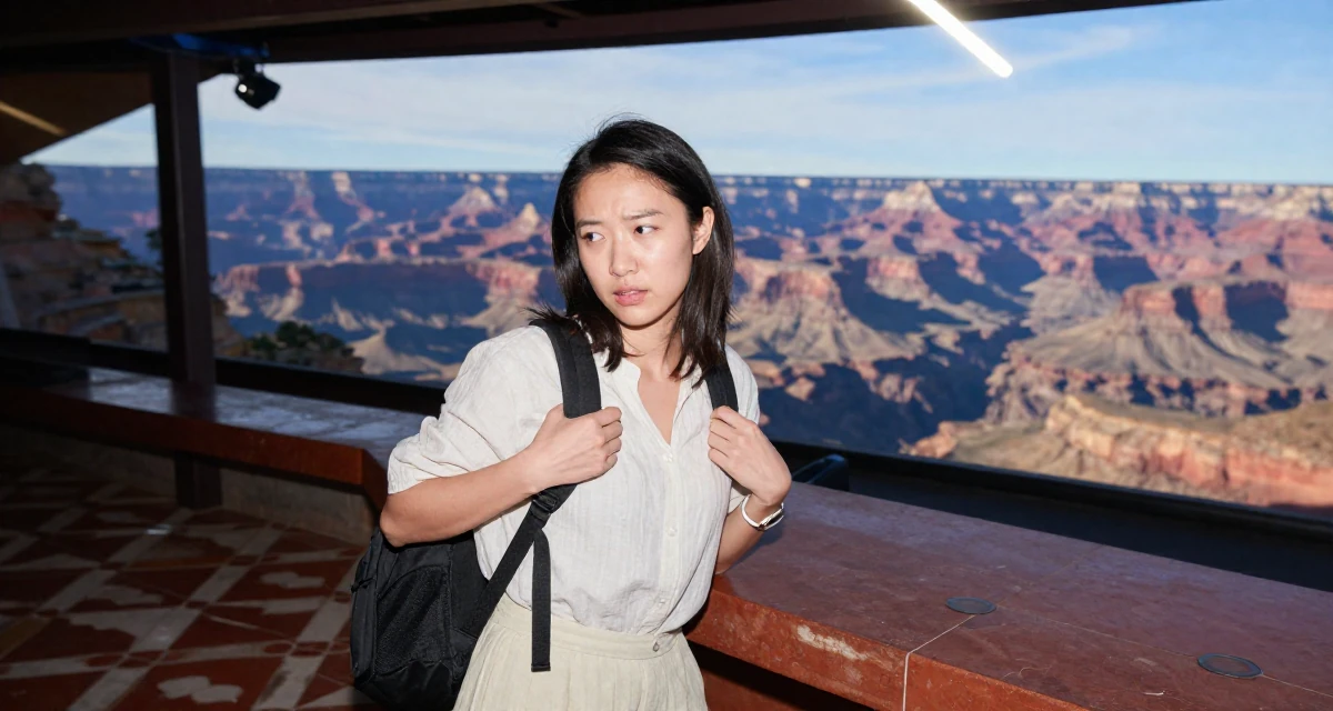 A distracted Female Former receptionist at a spa, now blending wellness with creator content in their 21, constantly documenting life for an audience, wearing a light and airy spring attire, adjusting a backpack strap in a concert hall.