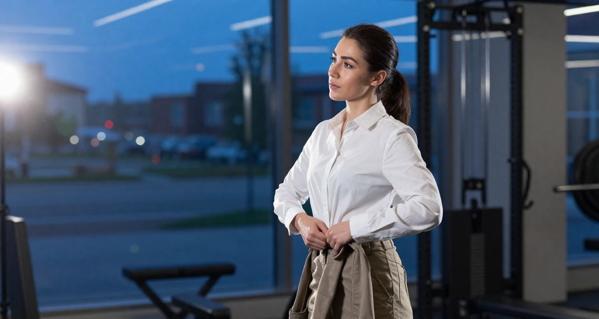A tranquil Female From Finland, based in Tampere, graduated from a tech university majoring in human-centered design in their 29, dealing with social pressure to “settle down”, wearing a crisp white shirt and chinos, buttoning up a jacket in a gym interior.