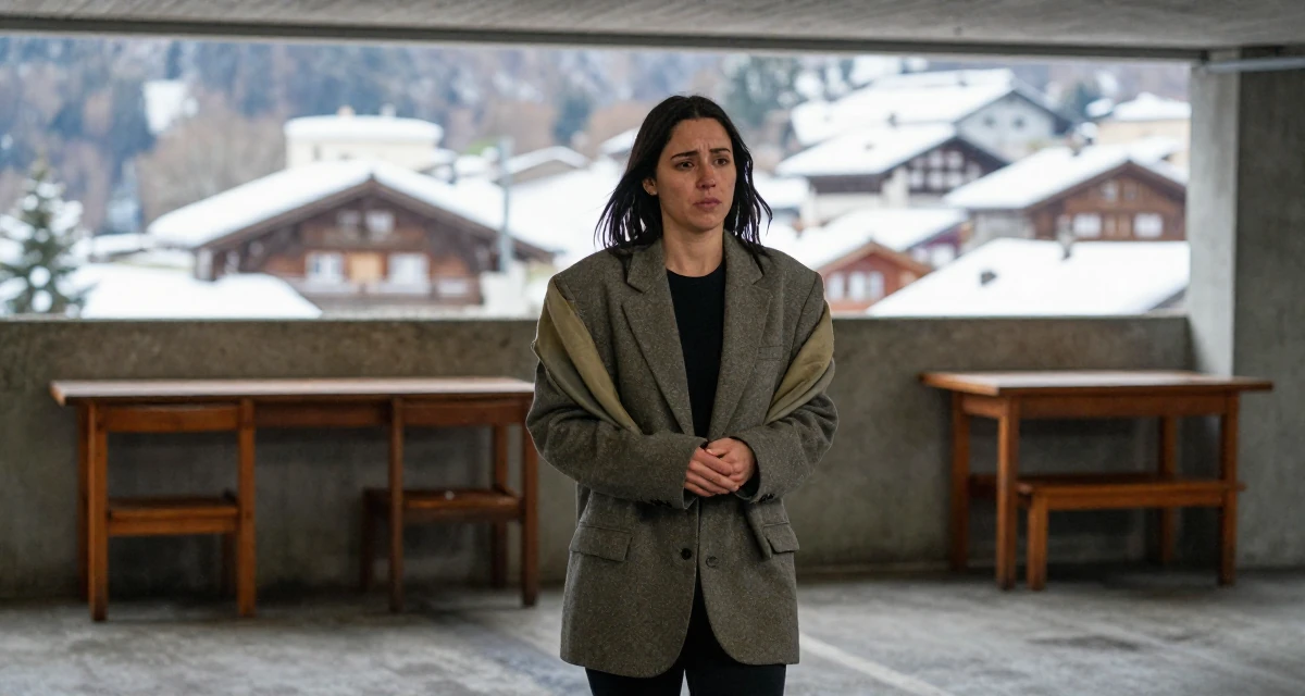 A sorrowful Female From Rio de Janeiro Brazil, majored in public relations in their 24, walking briskly with purpose and focus, wearing a oversized blazer draped over the shoulders, clasping hands together in a underground parking garage.