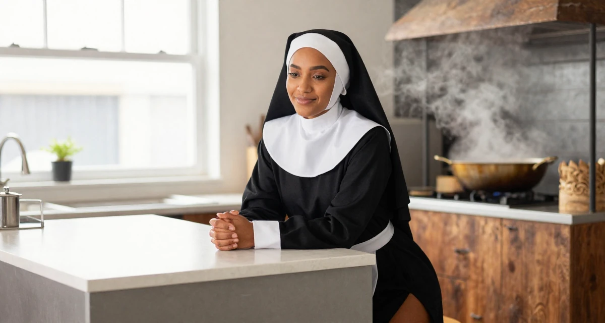 A quietly happy Female From South Africa, majored in development studies in their 25, still unsure how to price beginner subscriptions, wearing a gothic nun habit with a modified short skirt, resting hands on a table in a sunlit kitchen island.
