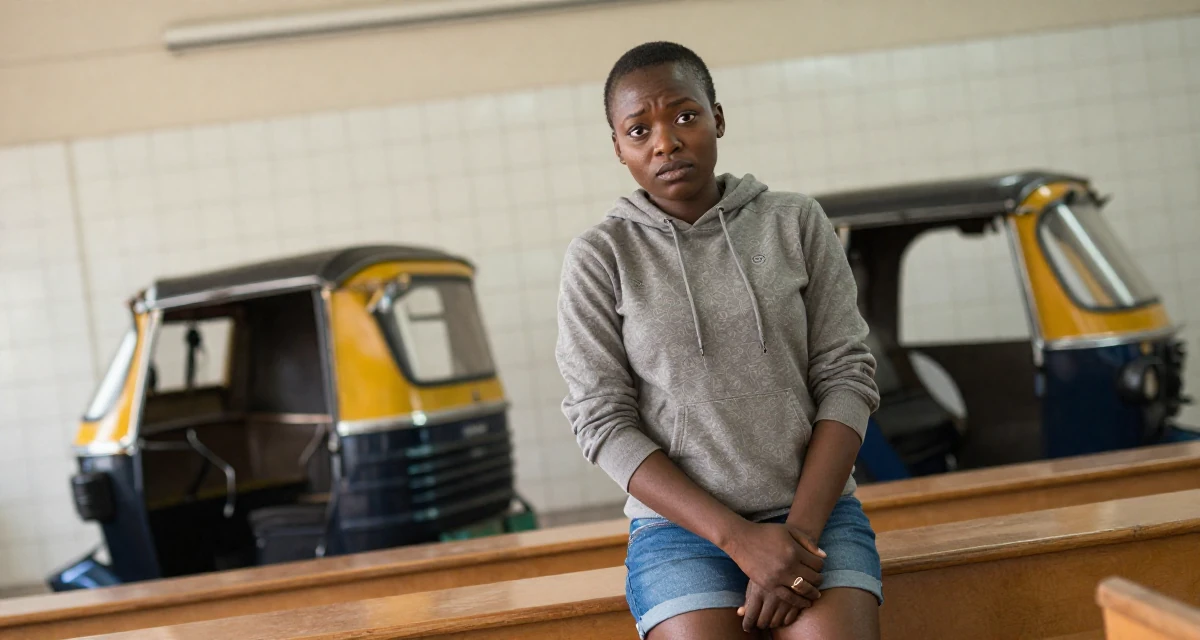 A reflective Female Born in Kenya, majored in mathematics education in their 23, wondering if this hustle is worth the stress, wearing a casual hoodie and denim shorts, playing with a ring in a lecture hall.