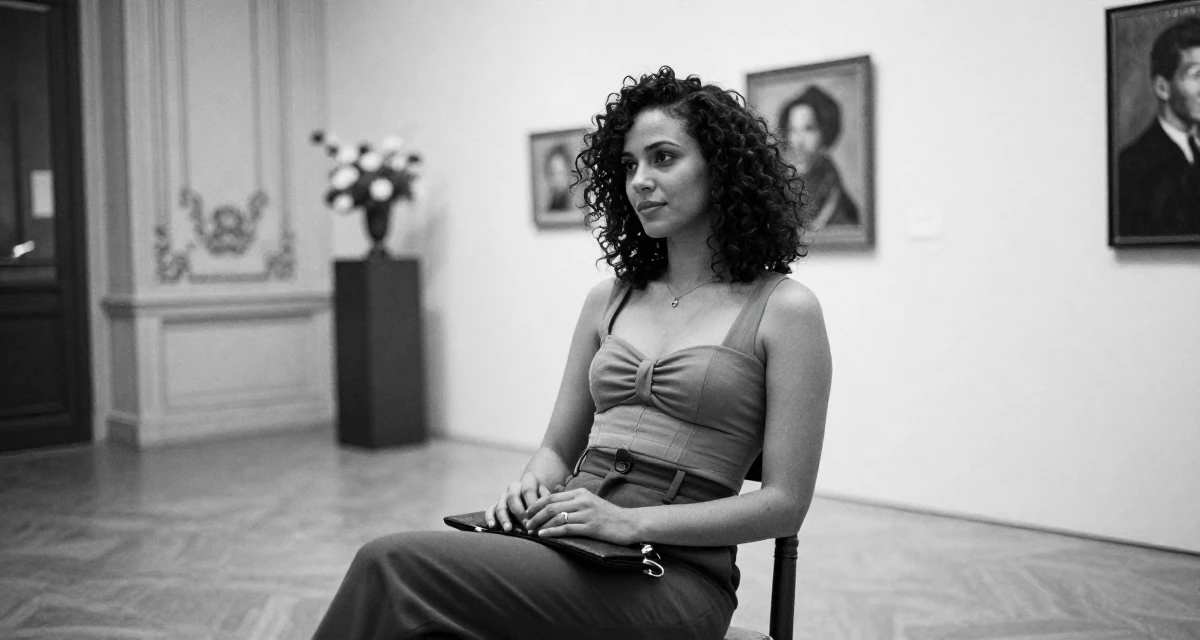 A peaceful male Once a junior photographer, now the subject of her own shoots in their 27, questioning long-term sustainability of creator life, wearing a cropped bustier top and high-waisted slacks, clutching a clutch bag in a art gallery hall.