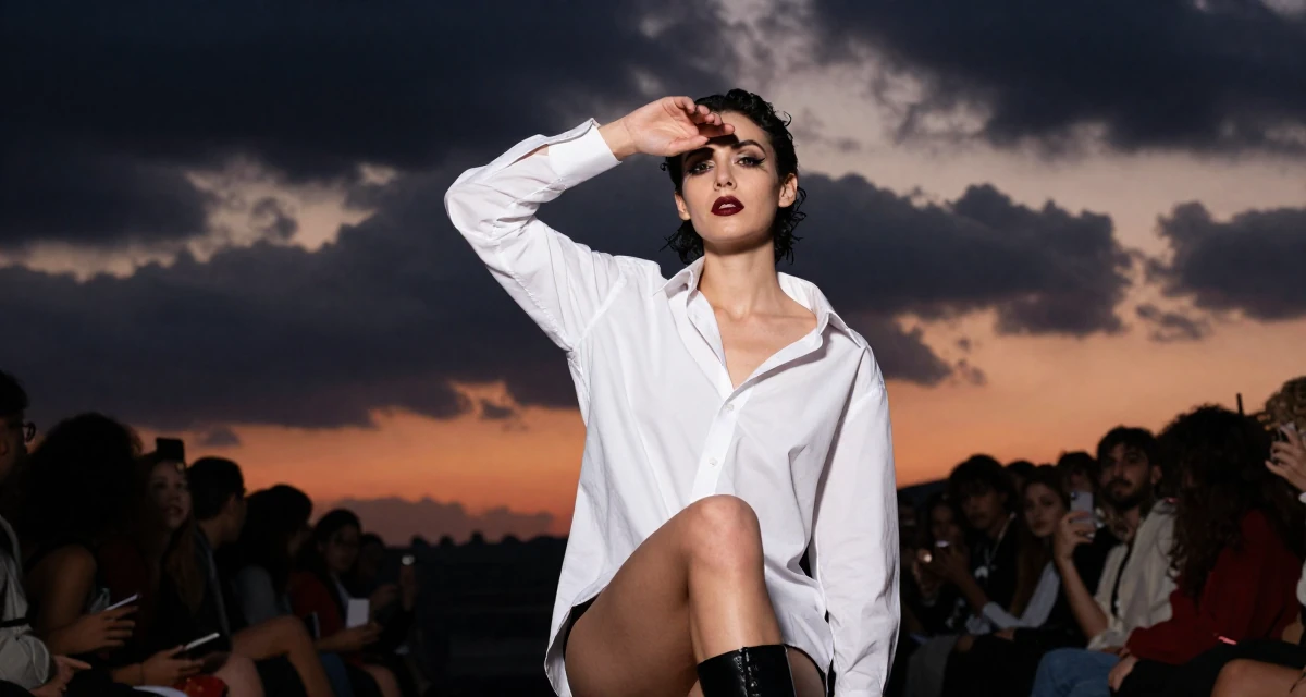 A focused Female From Porto Portugal, studied creative makeup for expressive shoots in their 22, embracing a “soft seductress” vibe in shoots, wearing a white shirt unbuttoned to the chest, shading eyes with a hand in a fashion runway.