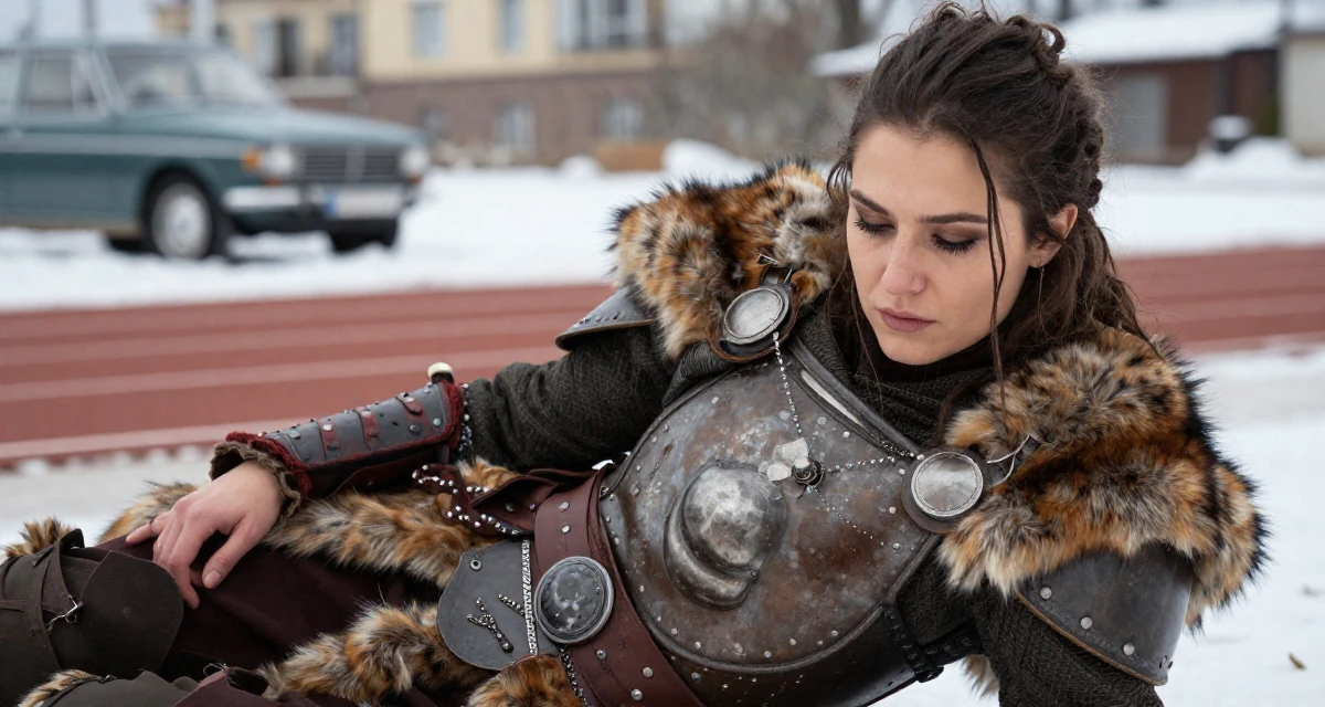 A mellow Female From Hungary, based in Debrecen, graduated from a fashion program majoring in bold thematic styling in their 22, building fans who appreciate charm over shock, wearing a viking shield-maiden outfit with fur and leather, looking down at the ground shyly in a running track.
