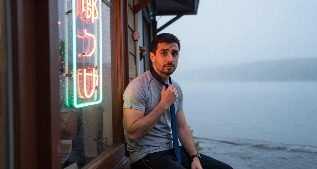 A timid male From Istanbul Türkiye, studied interior design in their 20, feeling a mix of excitement and deep anxiety, wearing a sporty athleisure look, playing with a tie in a neon-lit alleyway.