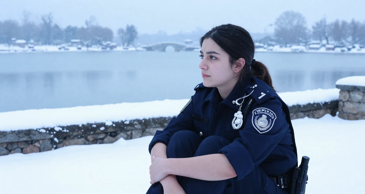 A thoughtful Female From Chile, majored in astronomy in their 22, filming between classes because real life leaves no time, wearing a police officer uniform with a badge and handcuffs, rolling up sleeves in a garden patio.