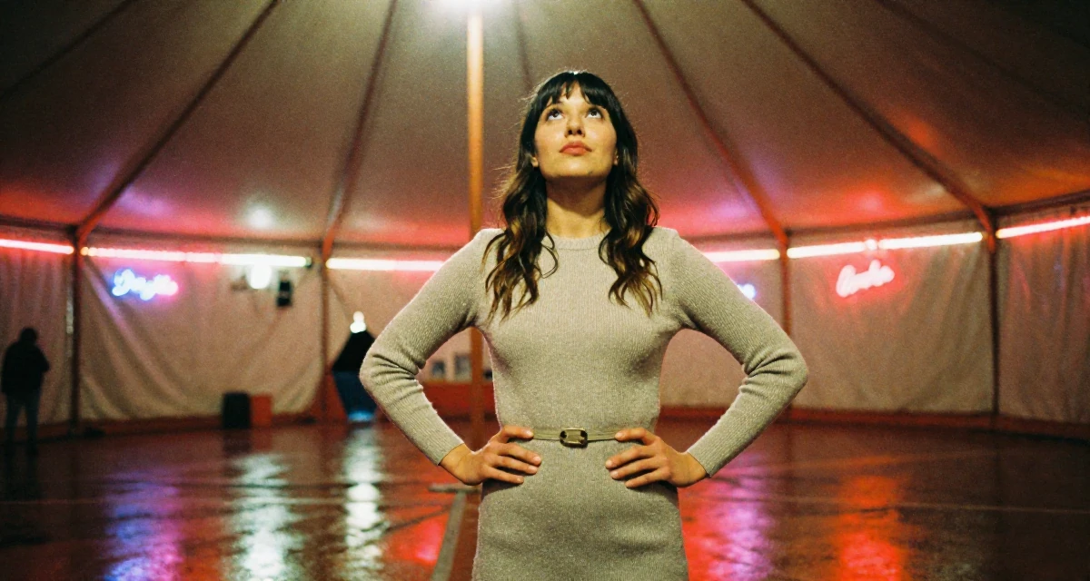 A charming Female From Australia, based in Gold Coast, graduated from a media academy majoring in sensual creative direction in their 25, experimenting with playful photos that boost confidence, wearing a form-fitting sweater dress with a belt, looking up at the sky in a circus tent interior.