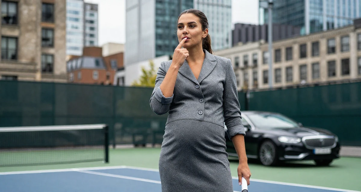 A carefree Female From Birmingham United Kingdom, holds a degree in economics in their 31, navigating the balance between career and new motherhood, wearing a grey wool skirt suit with a fitted jacket, rolling up sleeves in a tennis court.