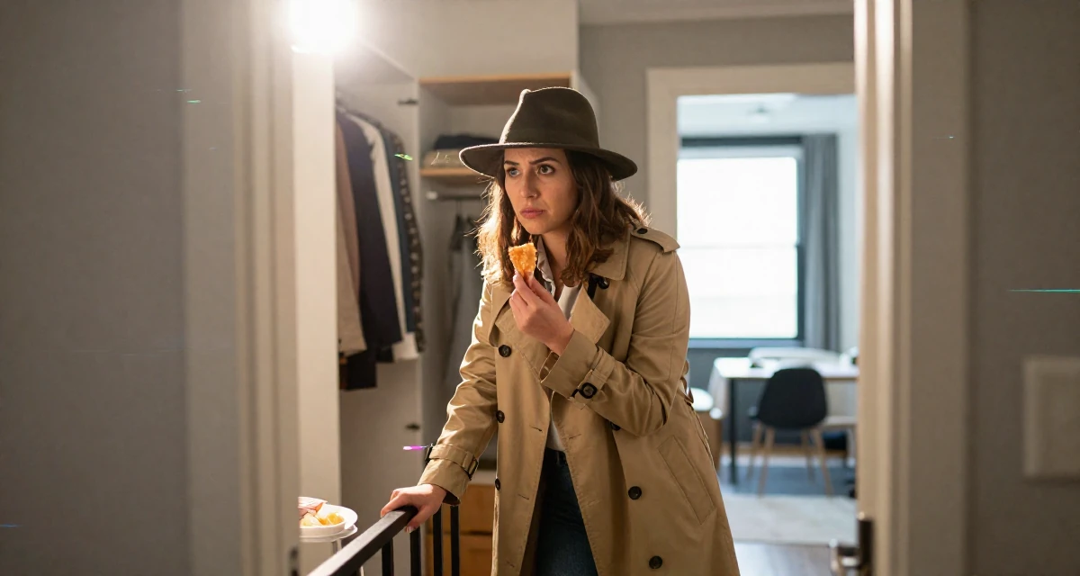 A puzzled Female From Australia, studied sports science and nutrition in their 23, seeking career clarity through trial and error, wearing a detective trench coat and fedora hat, holding a snack in a walk-in wardrobe.