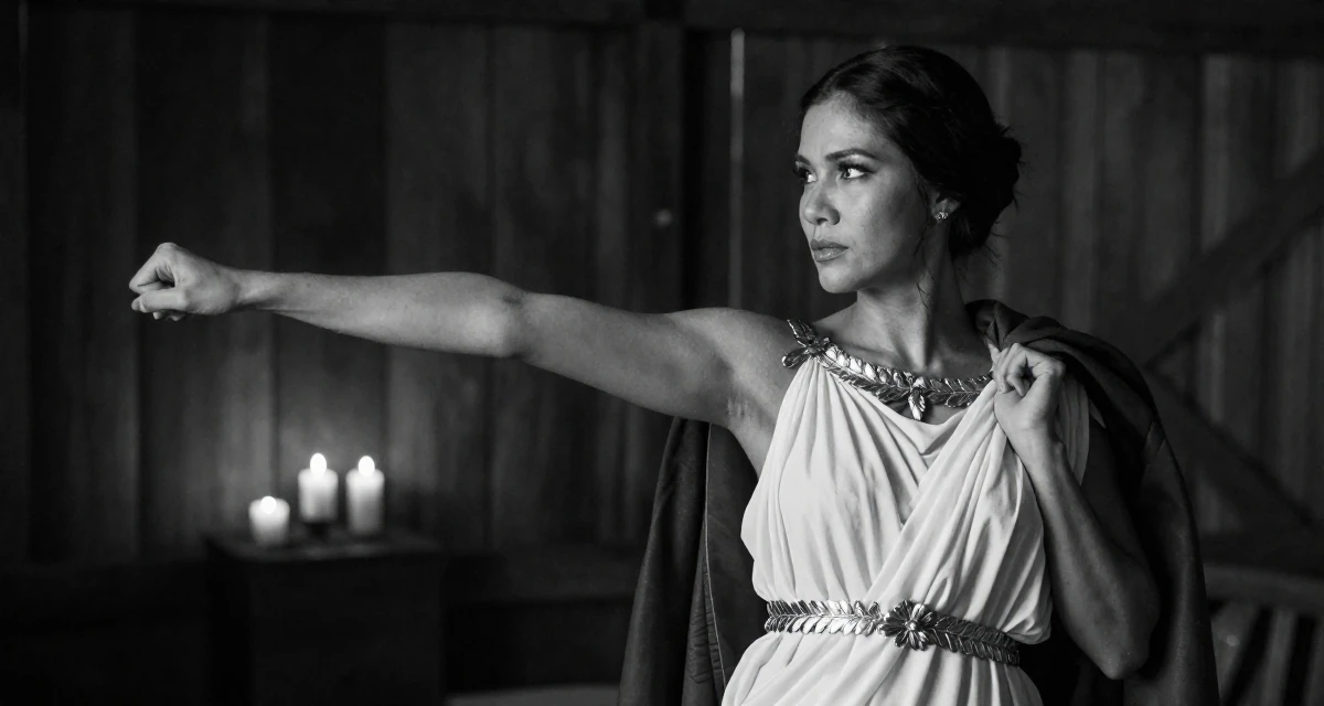 A pensive Female From Thailand, studied hospitality management in their 31, exploring advanced investment strategies, wearing a greek goddess toga with gold leaf accessories, holding a jacket over a shoulder in a barn interior.