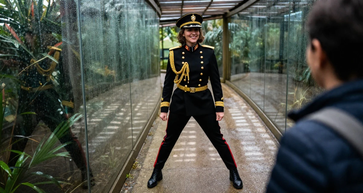 A cheerful Female From Portugal, based in Porto, graduated from a polytechnic majoring in visual media in their 29, accepting that progress is messy and nonlinear, wearing a military general uniform with gold braiding and a hat, smiling at a stranger in a zoo pathway.