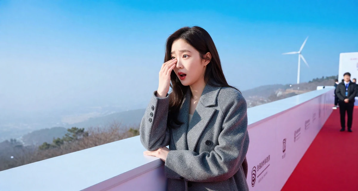 A surprised Female From Busan South Korea, trained at a private dance academy in their 23, balancing vulnerability and professionalism, wearing a elegant woolen coat styling, rubbing eyes in a red carpet event.