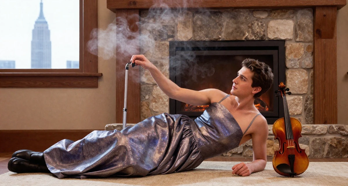 A emotional male Once a violin student, now sharing aesthetic performance clips in their 28, saving aggressively for first home, wearing a galactic princess gown with metallic fabrics, polling a luggage handle in a ski lodge fireplace.