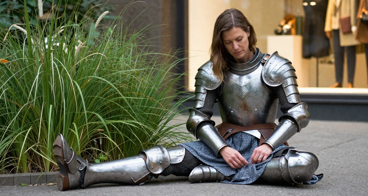 A tranquil Female From Germany, studied information engineering in their 47, preparing for empty-nest life, wearing a battle-damaged armor showing skin underneath, smoothing down a dress in a botanical garden.