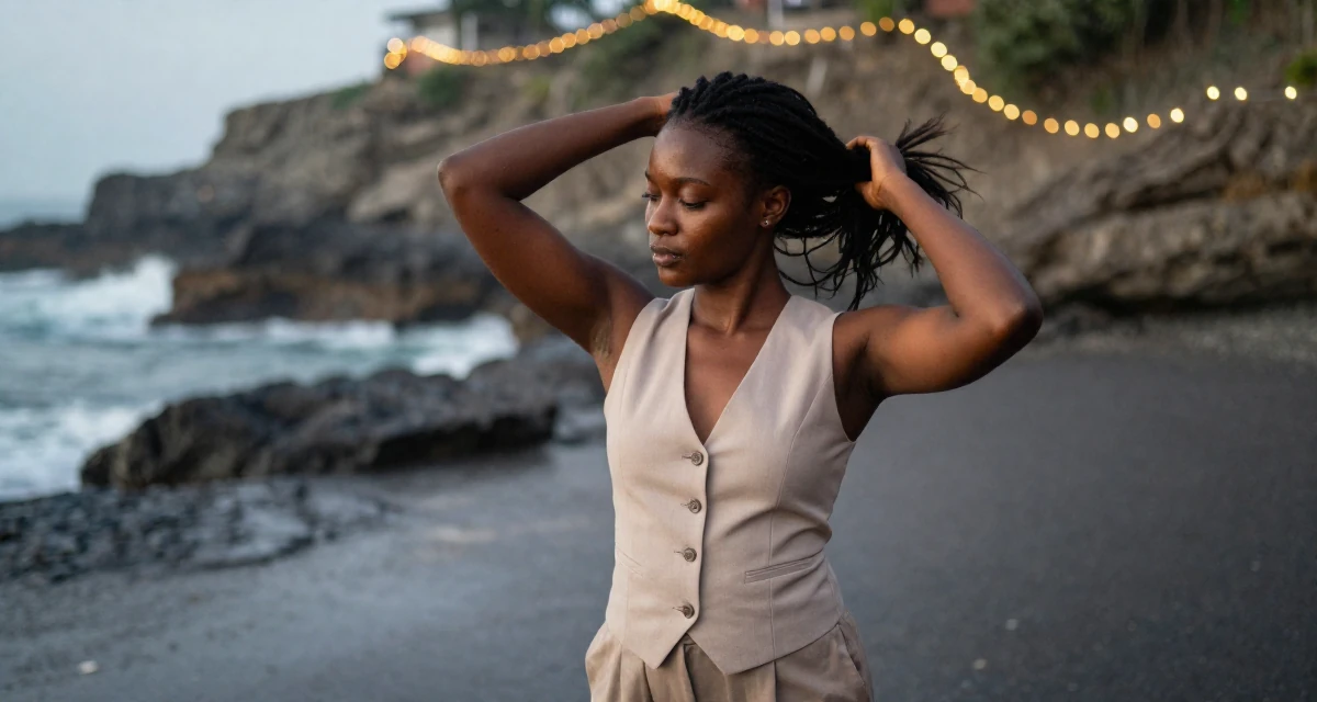 A elegant Female From Nigeria, studied biomedical science in their 49, creating content about cultural heritage, wearing a fitted vest top worn without a shirt underneath and slacks, fixing a loose strand of hair in a rocky ocean cliff.