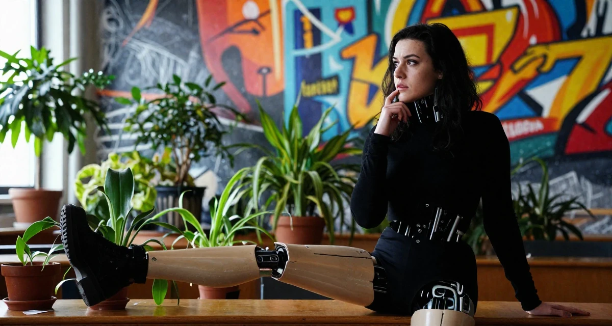 A confused Female From Copenhagen Denmark, studied influencer branding and content campaigns in their 24, exploring side hustles to supplement income, wearing a cybernetic doll outfit with porcelain-like skin textures, touching the chin thoughtfully in a lecture hall.