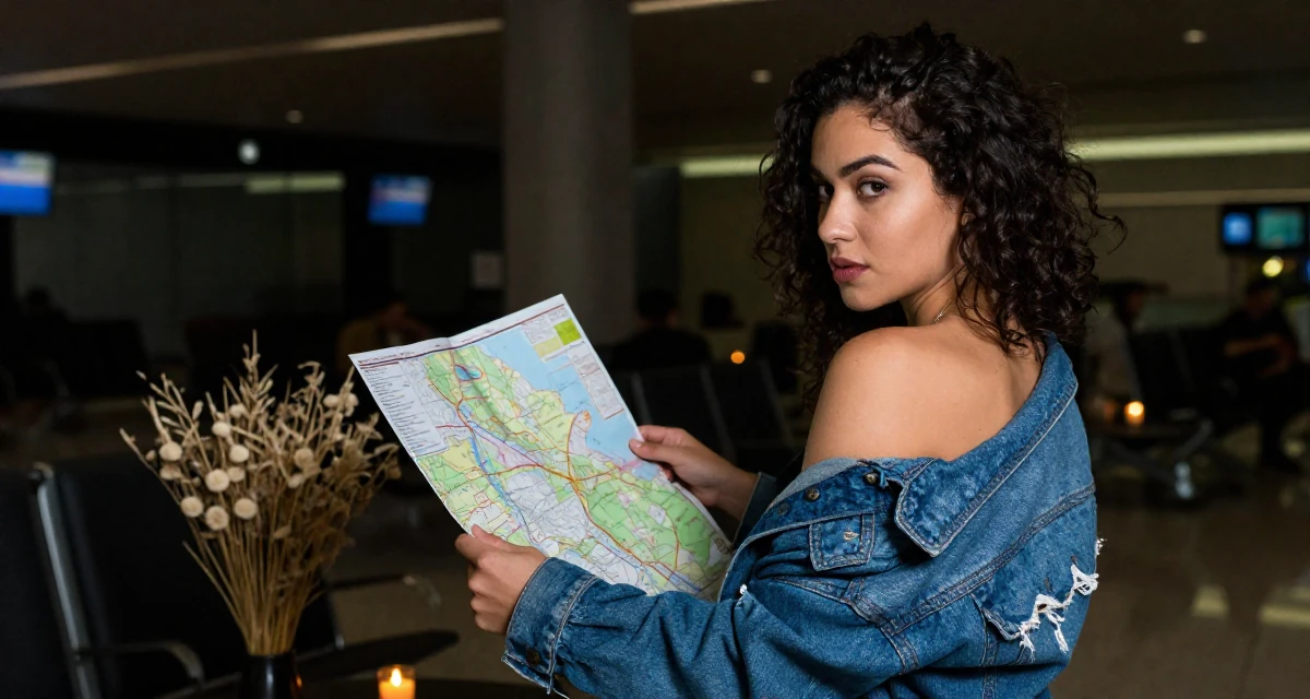 A romantic Female From Brazil, based in Curitiba, graduated from a regional college majoring in advertising design in their 22, facing judgment from people who don’t understand creator life, wearing a denim jacket worn off-shoulder over a tube top, looking at a map in a airport departure lounge.