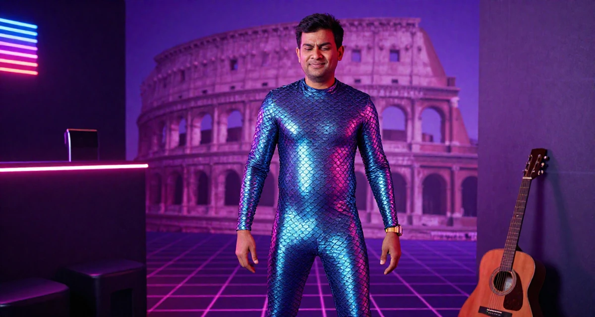 A relieved male Born in India, studied data analytics for media in their 44, expert in negotiation and communication skills, wearing a mermaid scale texture bodysuit with fin details, shifting weight impatiently in a cinema lobby.