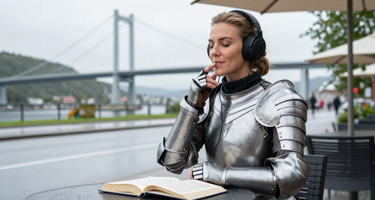 A peaceful Female From Bergen Norway, focused on natural-light photography in outdoor settings in their 32, focusing on health and longevity habits, wearing a fantasy warrior princess armor made of silver metal, listening to music with headphones in a rainy street corner.