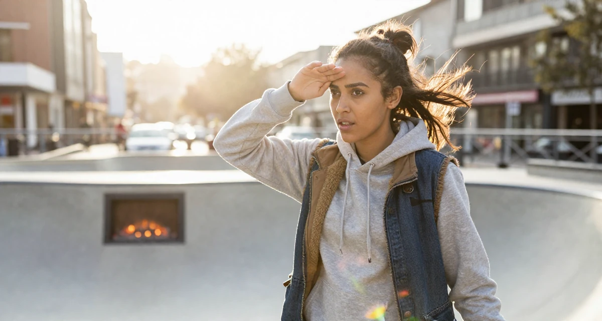 A curious and focused Female From Ethiopia, studied software development in their 24, curating a specific high-end lifestyle, wearing a layered vest over hoodie, shielding face from the wind in a skate park.