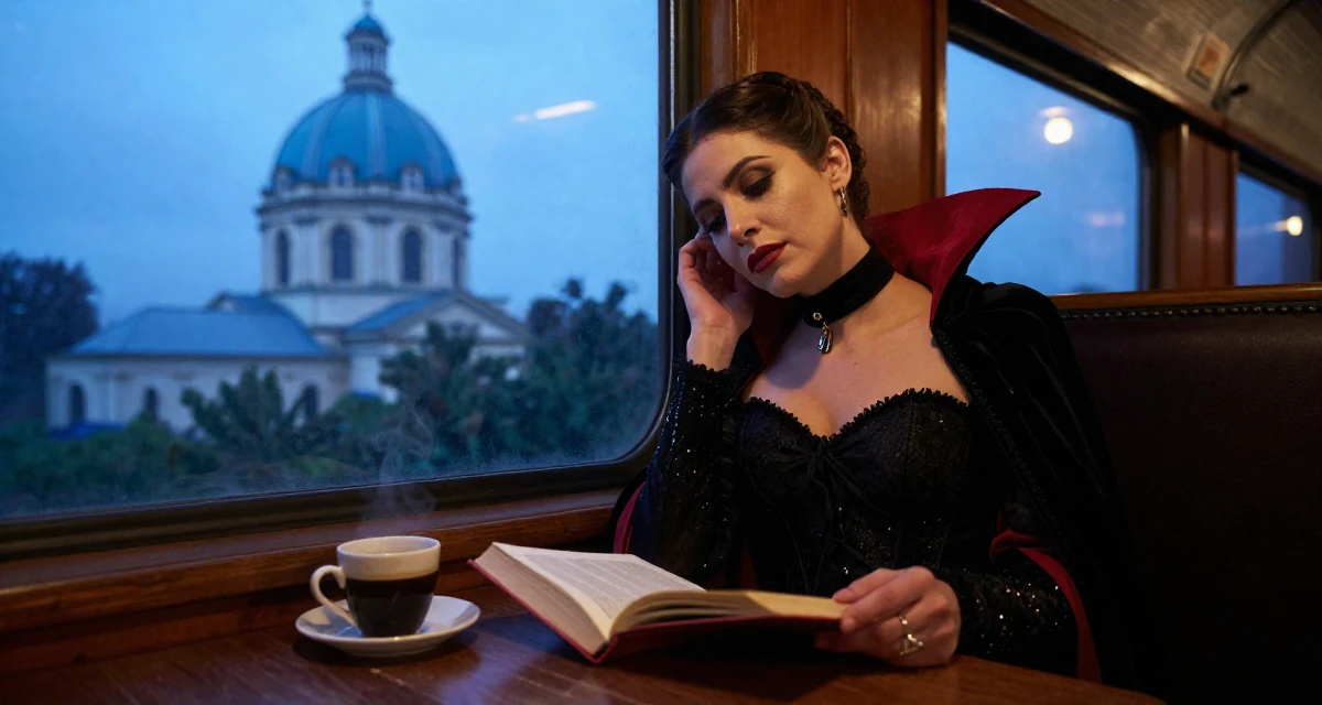 A timid Female From Colombia, has a background in performing arts in their 47, revitalizing a marriage after twenty years, wearing a vampire queen gown with a high collar and corset, opening a book in a train carriage.