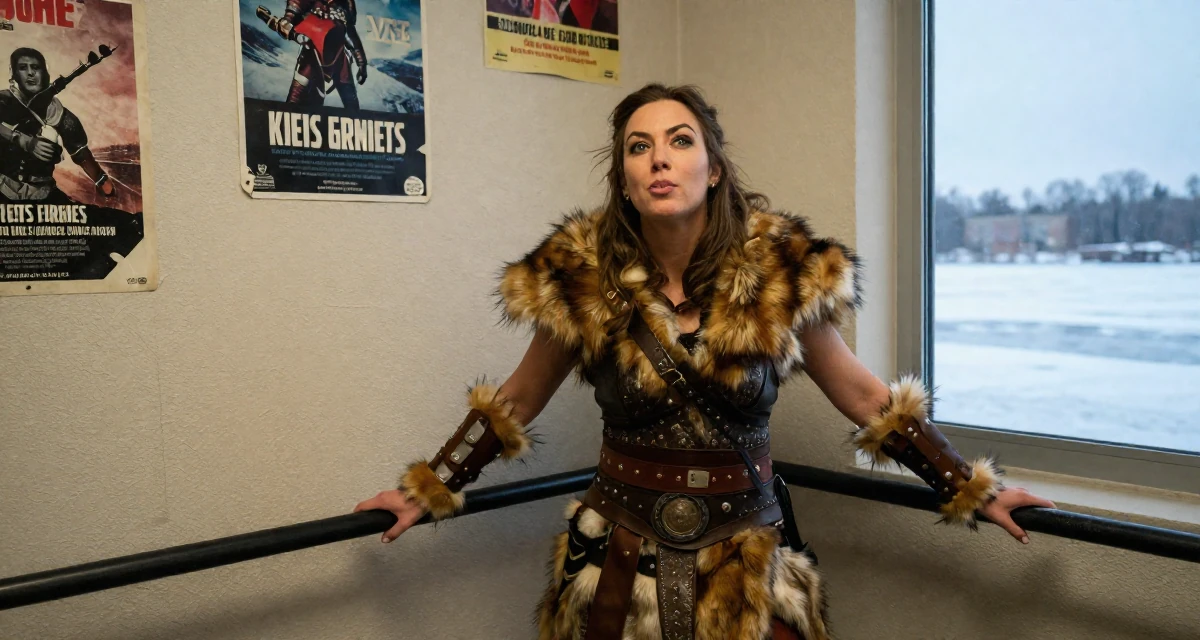 A whimsical Female Former software engineer at 25, now crafting premium lifestyle content in their 28, facing that growth sometimes plateaus for months, wearing a barbarian warrior outfit with faux fur and leather, grabbing a railing for support in a waiting room.