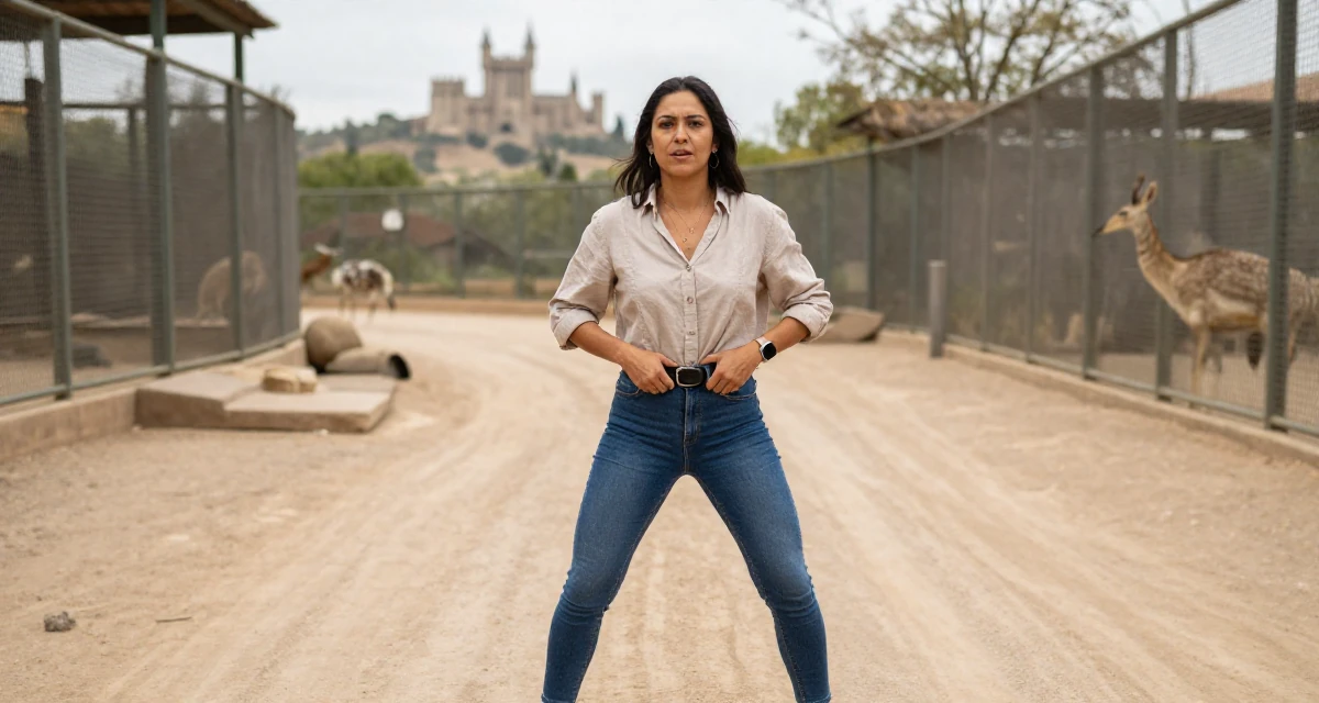 A composed Female Once a biology teacher, now exploring artistic movement expression in their 30, planning adult responsibilities with unstable cash flow, wearing a loose fitting blouse tucked into tight jeans, adjusting a belt in a zoo enclosure path.