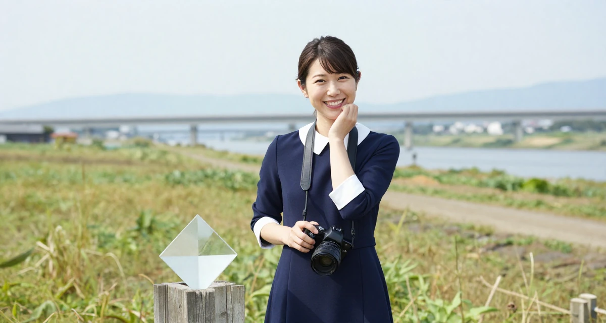 A victorious Female From Japan, based in Osaka, graduated from a local college majoring in marketing in their 44, handling high healthcare expenses, wearing a navy blue dress with white collar and cuffs, holding a camera in a farm field.