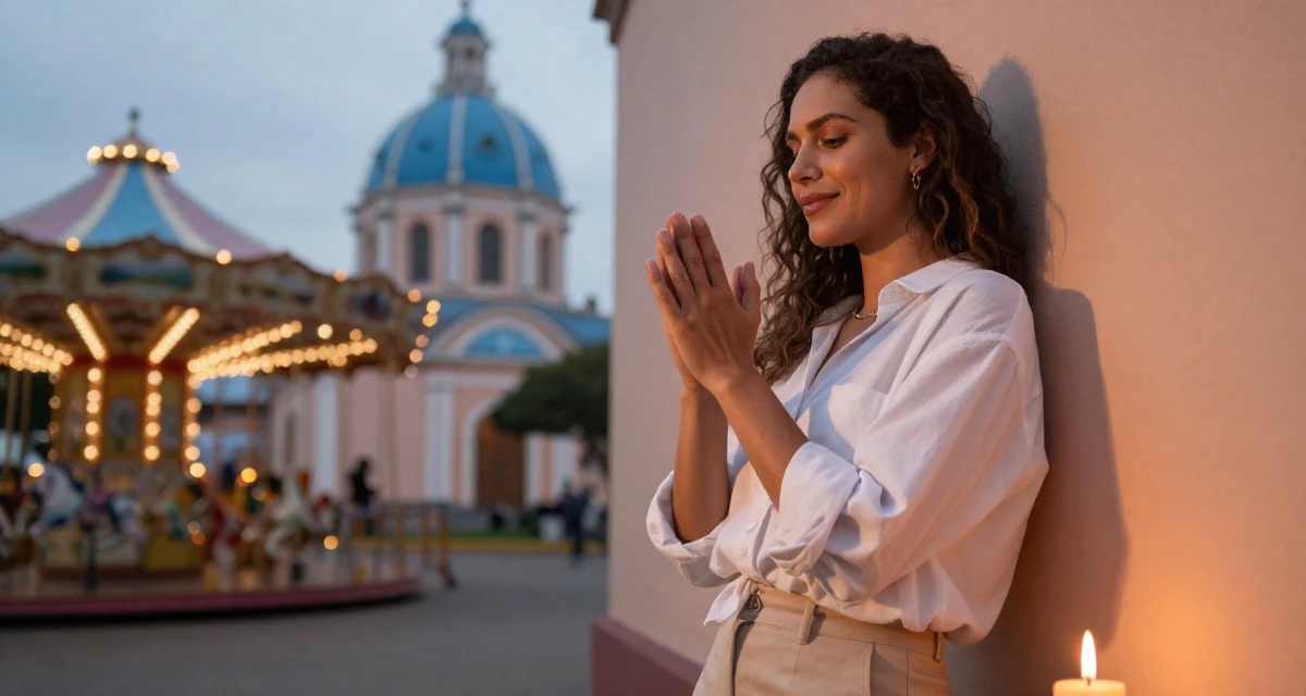 A charming Female Born in Colombia, majored in media innovation in their 42, expert in holistic health and herbalism, wearing a oversized white shirt with sleeves rolled up and slim trousers, rubbing hands together for warmth in a carnival with rides.