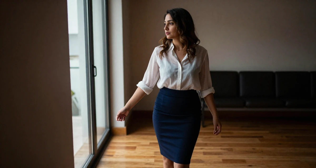 A thoughtful Female Raised in the UAE, studied consumer behavior analytics in their 41, tech executive pivot to digital content creation, wearing a sheer sleeve blouse and a high-waisted skirt, rolling up sleeves in a waiting room.