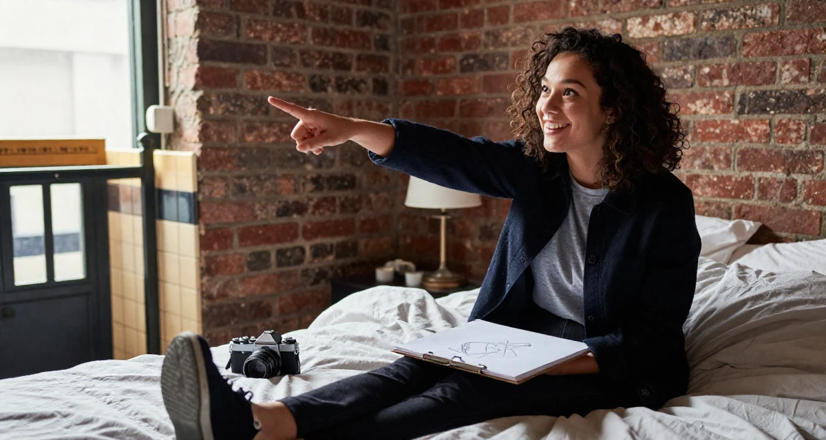 A victorious Female Born overseas, studied communication studies in their 22, facing early rejection and learning from it, wearing a dark academia inspired outfit, sketching on a pad in a loft apartment with brick walls.