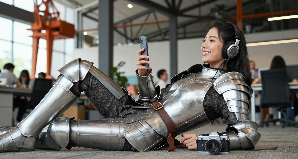 A positive Female Former sales rep, now leveraging charisma for digital storytelling in their 22, building early fan loyalty through replies and messaging, wearing a fantasy warrior princess armor made of silver metal, listening to music with headphones in a busy coworking space.