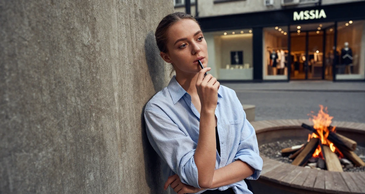 A wistful Female From Russia, trained as a classical ballerina in their 22, trying to look more professional than they feel, wearing a relaxed vacation shirt, chewing on a pen thoughtlessly in a campfire circle.