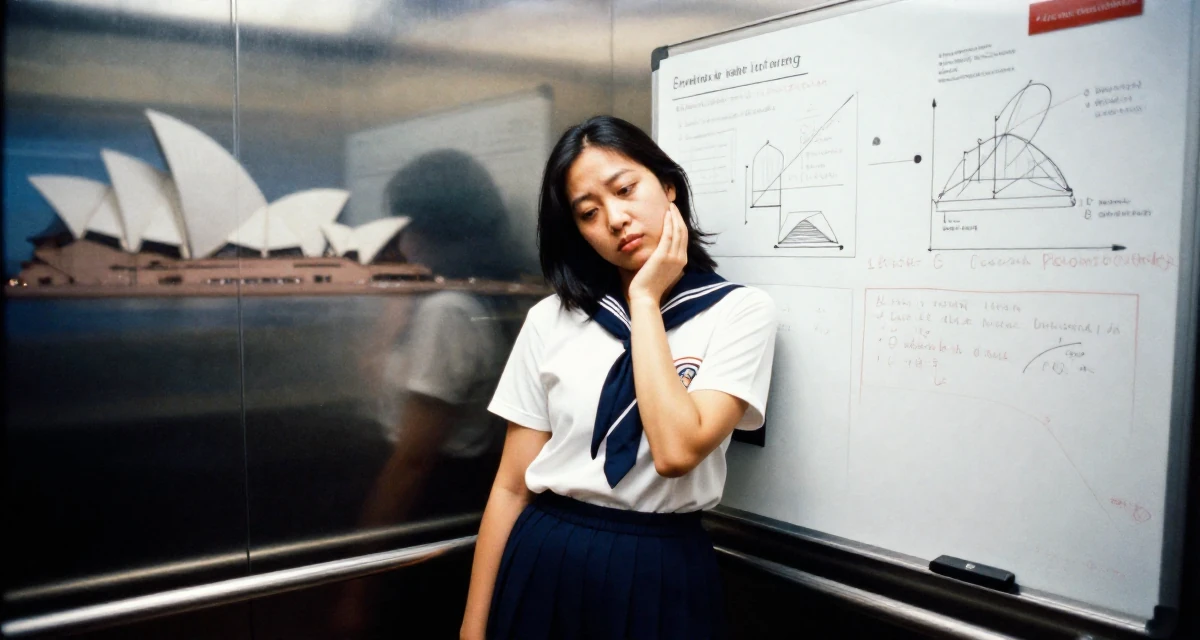 A dazed Female From the Philippines, majored in creative writing in their 24, learning to prioritize emotional well-being, wearing a school gym uniform with bloomers and a white t-shirt, wrapping a scarf around the neck in a corporate elevator.