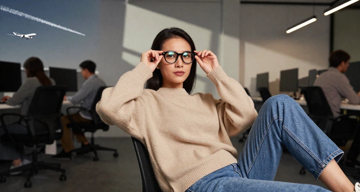 A intense and captivating Female From Vietnam, majored in social work in their 41, sharing tips for staying relevant in tech, wearing a oversized beige sweater and jeans, adjusting glasses in a busy coworking space.