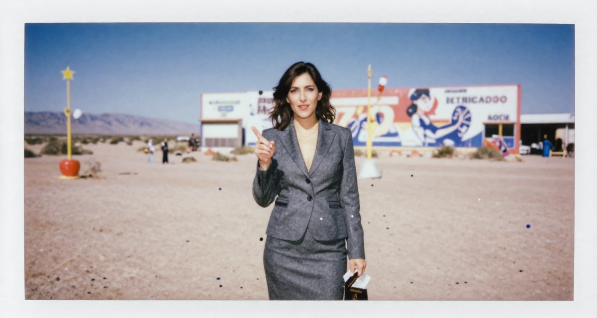 A witty Female From Buenos Aires Argentina, holds a degree in dance studies in their 49, savvy investor sharing retirement planning tips, wearing a grey wool skirt suit with a fitted jacket, holding a passport or ticket in a desert landscape.