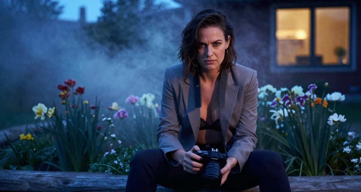 A rebellious Female From Canada, holds a degree in accounting in their 34, exuding quiet confidence and authority, wearing a fitted blazer with nothing underneath but a lace bra (hinted), holding a camera in a blooming flower garden.