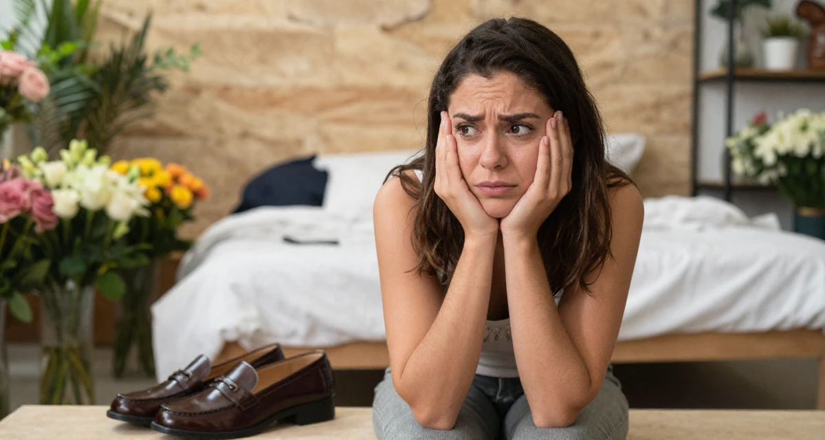 A observant Female From Colombia, based in Medellín, graduated from a communication school majoring in brand communication in their 20, feeling a mix of excitement and deep anxiety, wearing a polished loafer and trousers look, glancing over the shoulder in a flower shop.
