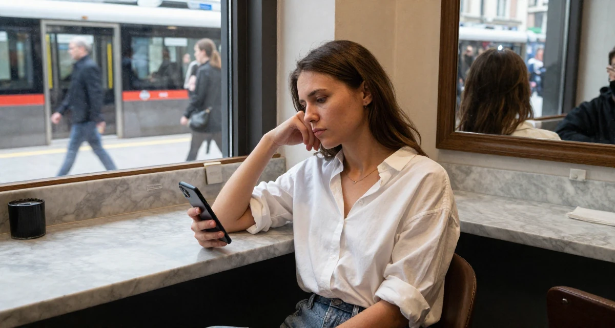 A thoughtful Female From Belarus, studied performance media in their 22, mourning the loss of the university community, wearing a effortless white blouse and jeans, scrolling casually in a coffee shop corner.