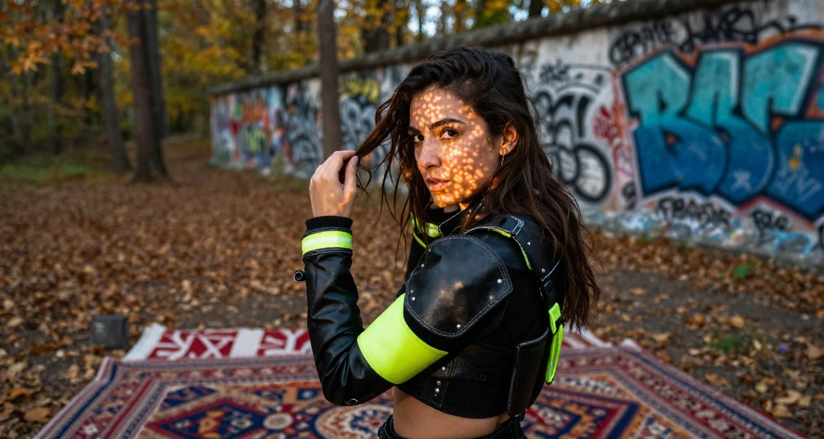 A proud Female Born in the Dominican Republic, studied tourism marketing in their 25, trying to avoid burnout from overthinking every post, wearing a cyberpunk street samurai gear with neon accents, fixing a loose strand of hair in a autumn forest.