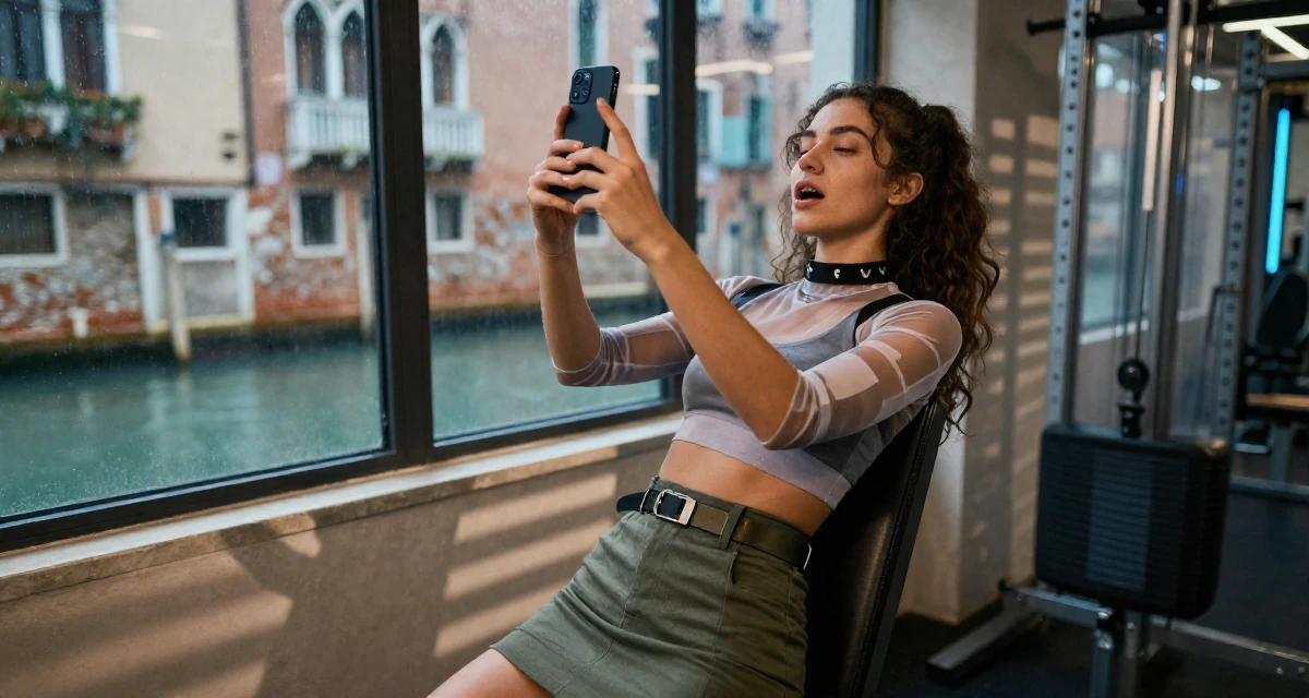 A eager Female From Mali, majored in agricultural management in their 21, struggling to disconnect from social media, wearing a sheer sleeve blouse and a high-waisted skirt, snapping a photo with a phone in a gym interior.
