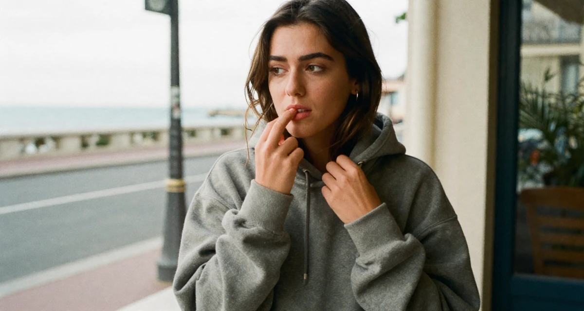 A nostalgic Female From France, studied viticulture and oenology in their 23, experimenting with soft teasing videos, wearing a trendy oversized hoodie, adjusting a collar in a city sidewalk.