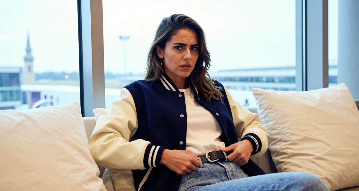A empowered Female From Sofia Bulgaria, studied alternative creative media in their 23, feeling pressure to figure life out quickly, wearing a casual varsity jacket look, adjusting a belt in a airport terminal.