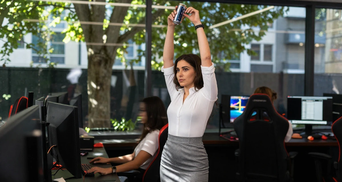 A aloof Female From UK, studied law at a prestigious university in their 24, curating a specific high-end lifestyle, wearing a office lady pencil skirt and tight white shirt, holding a beverage can in a gaming room.